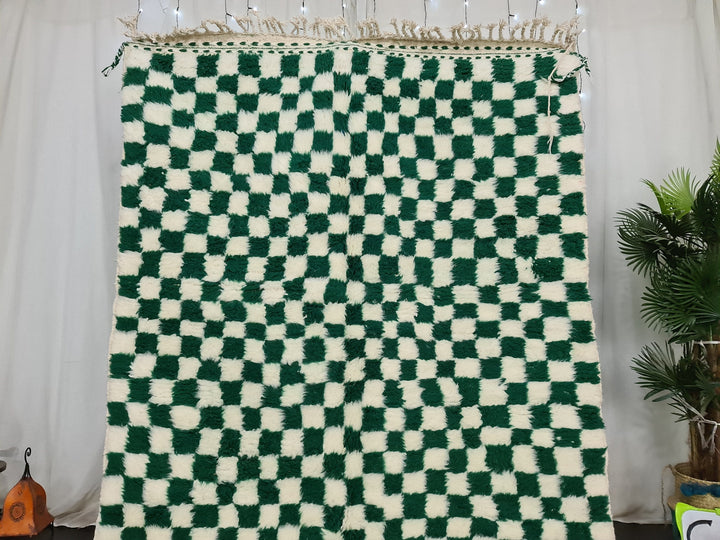 Fabulous Beni Ourain Rug, Moroccan White  Green Rug, Sheep Wool Rug, Checkered Carpet, Handmade Rug, Sheep Wool Rug, Scandinavian Carpet.