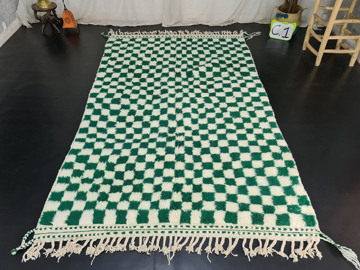 Fabulous Beni Ourain Rug, Moroccan White  Green Rug, Sheep Wool Rug, Checkered Carpet, Handmade Rug, Sheep Wool Rug, Scandinavian Carpet.