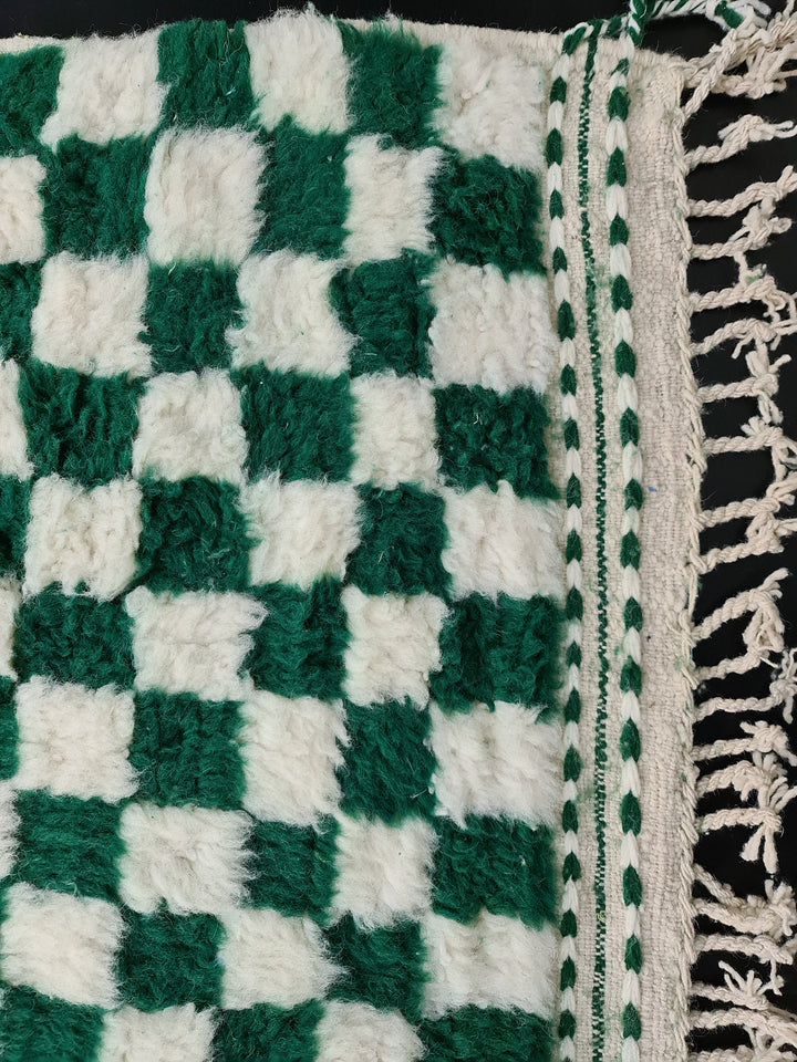 Fabulous Beni Ourain Rug, Moroccan White  Green Rug, Sheep Wool Rug, Checkered Carpet, Handmade Rug, Sheep Wool Rug, Scandinavian Carpet.