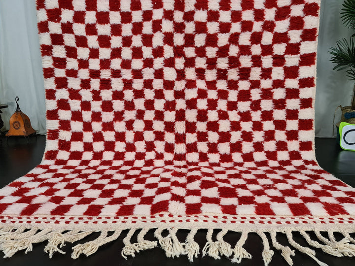 Authentic Beniourain Rug, Berber Rug, Moroccan Rug,Tribal Rug, Checkered Rug,Unique Handmade Moroccan Rug, Beni Ourain Rug, White  Red Wool