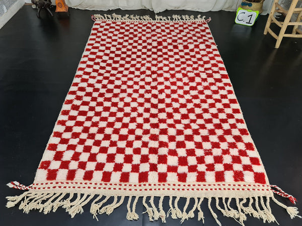 Authentic Beniourain Rug, Berber Rug, Moroccan Rug,Tribal Rug, Checkered Rug,Unique Handmade Moroccan Rug, Beni Ourain Rug, White  Red Wool