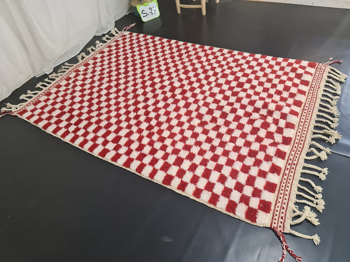 Moroccan Handmade Carpet, Red and White Rug, Beni Ourain Rug, Checkered Rug, Sheep Wool Rug, Tapis Berbere, Teppish Marokko,