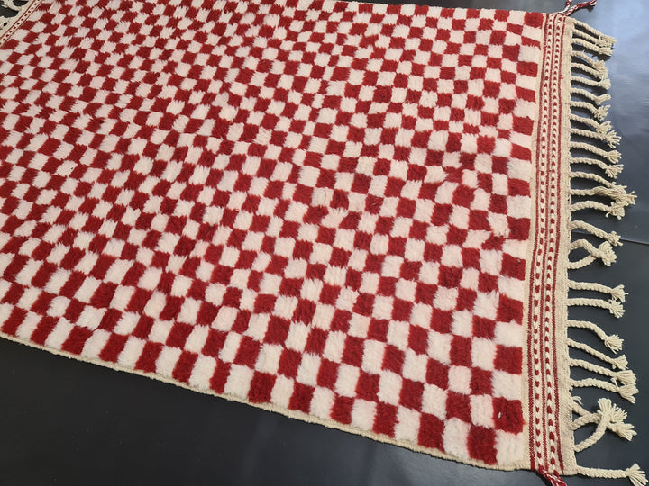 Moroccan Handmade Carpet, Red and White Rug, Beni Ourain Rug, Checkered Rug, Sheep Wool Rug, Tapis Berbere, Teppish Marokko,