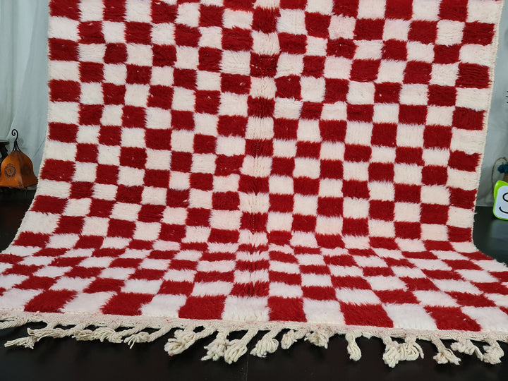 Authentic Beniourain Rug, Berber Rug, Moroccan Rug,Tribal Rug, Checkered Rug,Unique Handmade Moroccan Rug, Beni Ourain Rug, White  Red Wool