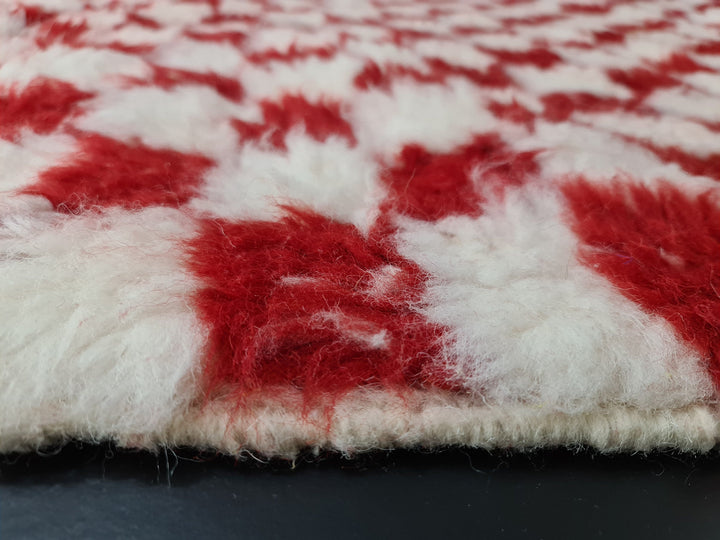 Moroccan Handmade Carpet, Red and White Rug, Beni Ourain Rug, Checkered Rug, Sheep Wool Rug, White Wool, Tapis Berbere, Teppish Marokko.