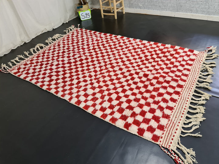 Moroccan Handmade Carpet, Red and White Rug, Beni Ourain Rug, Checkered Rug, Sheep Wool Rug, White Wool, Tapis Berbere, Teppish Marokko.