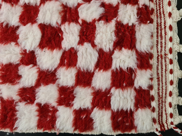 Moroccan Handmade Carpet, Red and White Rug, Beni Ourain Rug, Checkered Rug, Sheep Wool Rug, White Wool, Tapis Berbere, Teppish Marokko.