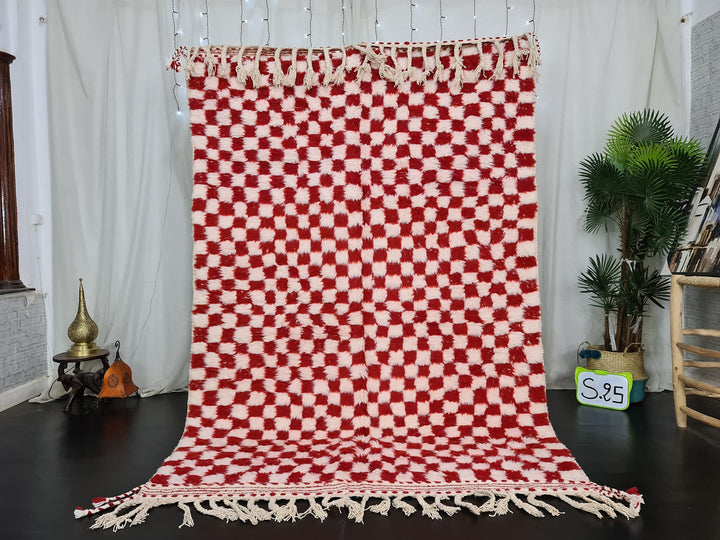 Moroccan Handmade Carpet, Red and White Rug, Beni Ourain Rug, Checkered Rug, Sheep Wool Rug, White Wool, Tapis Berbere, Teppish Marokko.