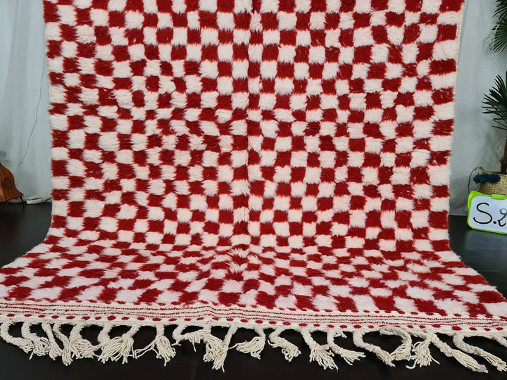 Moroccan Handmade Carpet, Red and White Rug, Beni Ourain Rug, Checkered Rug, Sheep Wool Rug, White Wool, Tapis Berbere, Teppish Marokko.