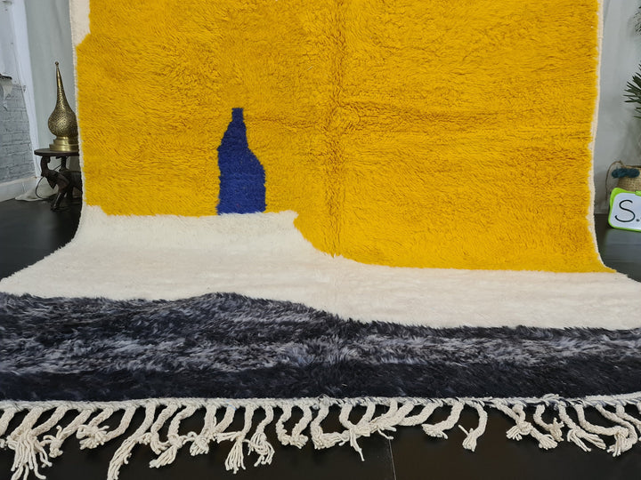 ABSTRACT MOROCCAN RUG, Moroccan Rug , White and Yellow Rug, Beni Ouarain Rug, White Wool, Berber Rug, Handmade Moroccan Rug, Area Rug