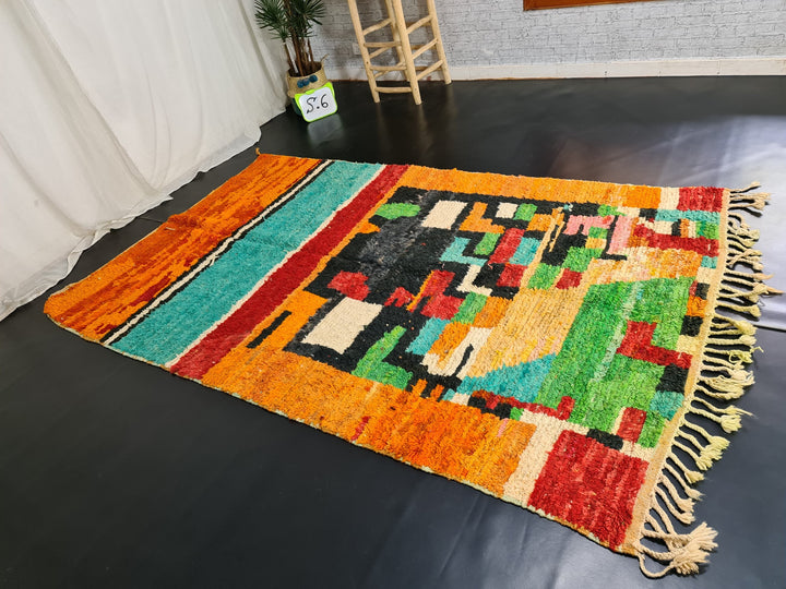 Artistic Moroccan Rug , Boujaad Wool Rug, Abstract Tribal rug, Vibrant Orange Rug, Moroccan Handmade Rug, Berber carpet, Tapis Marocain.