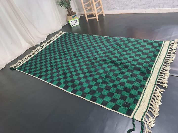 GREEN BENIOURAIN RUG, Moroccan Handmade Carpet, Green  Black Rug, Berber Wool Rug, Checkered Rug, Area Rug, Checkerboard Rug, Bohemian Rug