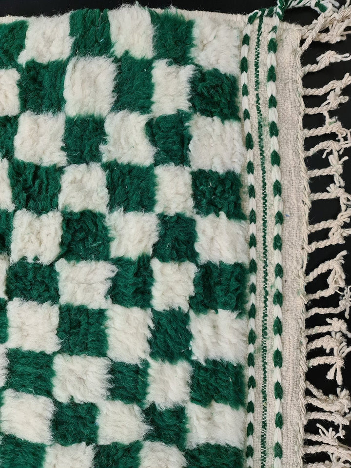 MOROCCAN HANDMADE RUG, Beni Ourain White  Green Rug, Handmade Wool Rug, Checkered Rug, Moroccan Berber Rug, Handwoven Rug, Area Wool Rug