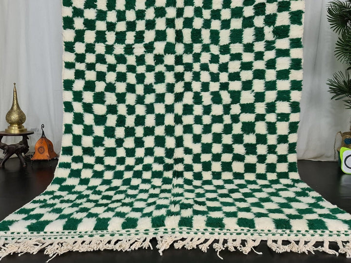 MOROCCAN HANDMADE RUG, Beni Ourain White  Green Rug, Handmade Wool Rug, Checkered Rug, Moroccan Berber Rug, Handwoven Rug, Area Wool Rug