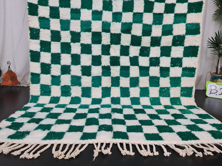 Fabulous Beni Ourain Rug  Moroccan Rug Berber Style Rug Bohemian White and Green rug  Unique Handmade Moroccan Rug  CheckeredRug