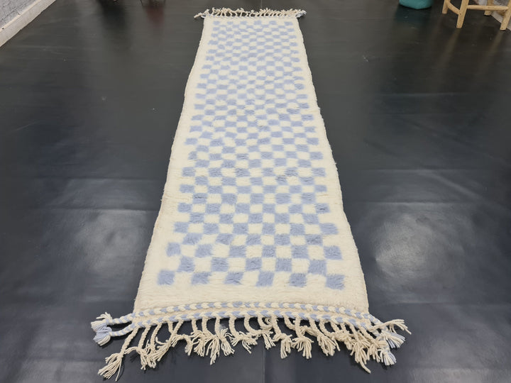 CUSTOM RUNNER RUG, Tribal Area Rug, Woven Checkered Rug, Authentic Wool Runner, White  Lavender Rug, Runner Rug, Hallway Rug, Berber Rug