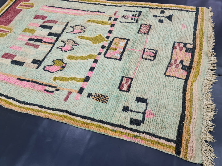 artistic moroccan rug , boujaad wool rug, abstract tribal rug, moroccan handmade  rug, faded green rug, berber carpet, tapis marocain