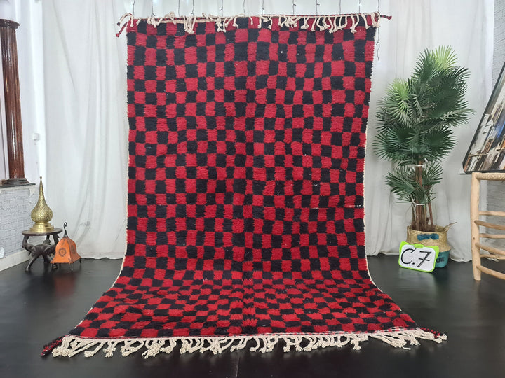 Moroccan Beni Ourain Rug, Checkered Handmade Rug, Red and Black Rug, Tribal Rug, Sheep Wool Rug, Berber Rug, Tapis Marocain, Teppish Marokko