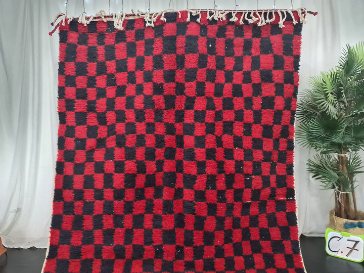 Moroccan Beni Ourain Rug, Checkered Handmade Rug, Red and Black Rug, Tribal Rug, Sheep Wool Rug, Berber Rug, Tapis Marocain, Teppish Marokko