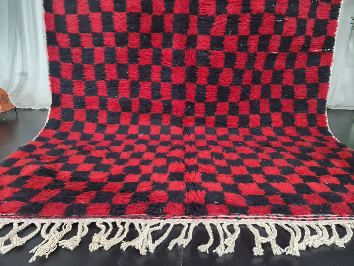 Moroccan Beni Ourain Rug, Checkered Handmade Rug, Red and Black Rug, Tribal Rug, Sheep Wool Rug, Berber Rug, Tapis Marocain, Teppish Marokko