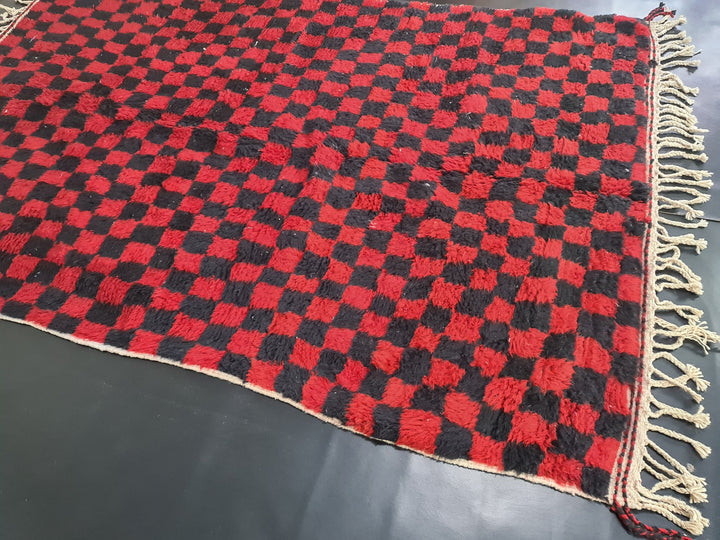 Moroccan Beni Ourain Rug, Checkered Handmade Rug, Red and Black Rug, Tribal Rug, Sheep Wool Rug, Berber Rug, Tapis Marocain, Teppish Marokko