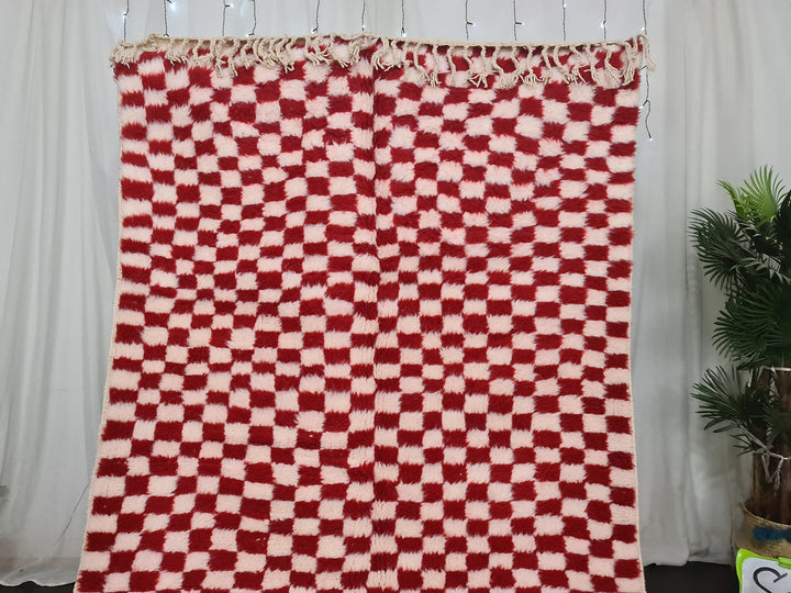 Authentic Beniourain Rug, Berber Rug, Moroccan Rug,Tribal Rug, Checkered Rug,Unique Handmade Moroccan Rug, Beni Ourain Rug, White  Red Wool