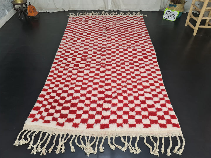 Authentic Beniourain Rug, Berber Rug, Moroccan Rug,Tribal Rug, Checkered Rug,Unique Handmade Moroccan Rug, Beni Ourain Rug, White  Red Wool