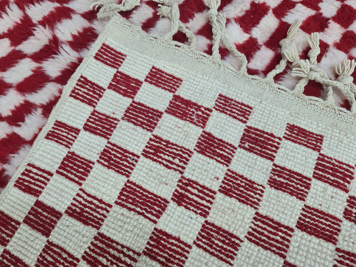 Authentic Beniourain Rug, Berber Rug, Moroccan Rug,Tribal Rug, Checkered Rug,Unique Handmade Moroccan Rug, Beni Ourain Rug, White  Red Wool