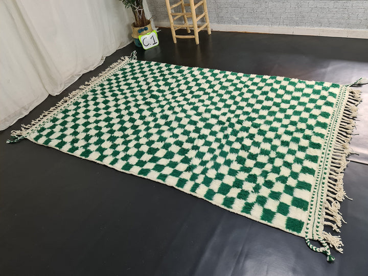 Fabulous Beni Ourain Rug, Moroccan White  Green Rug, Sheep Wool Rug, Checkered Carpet, Handmade Rug, Sheep Wool Rug, Scandinavian Carpet.