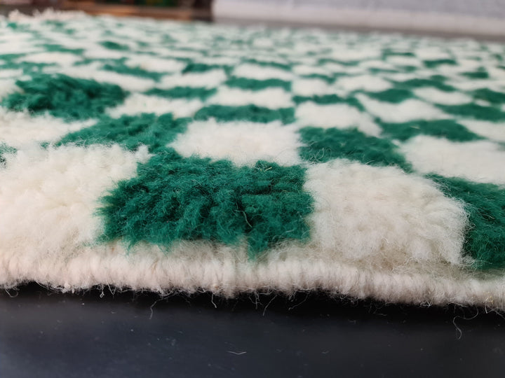 Fabulous Beni Ourain Rug, Moroccan White  Green Rug, Sheep Wool Rug, Checkered Carpet, Handmade Rug, Sheep Wool Rug, Scandinavian Carpet.