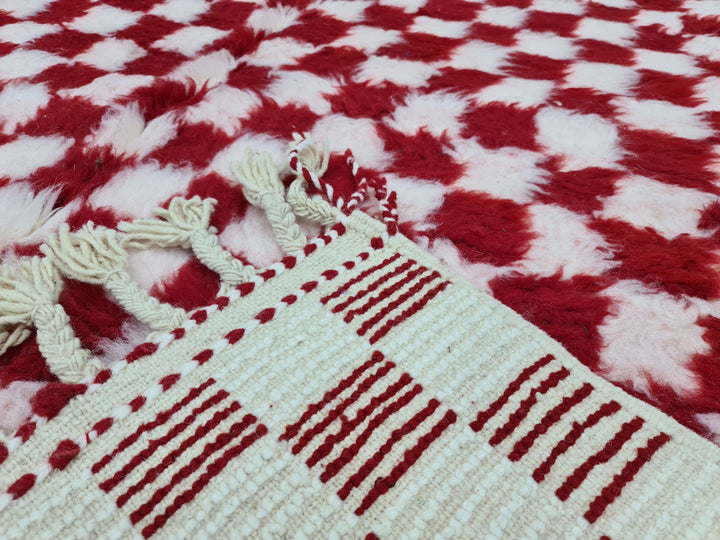 Gorgeous Beni Ourain Rug, Moroccan Handmade Carpet, Tribal White and Red Rug, Berber Wool Rug, Checkered Rug, Tapis berbere