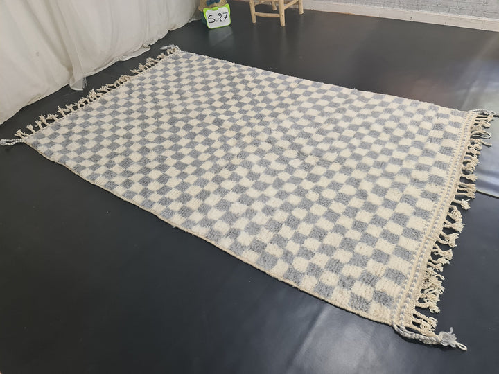 Authentic Moroccan Carpet, Handmade Rug, Sheep Wool Rug, Scandinavian Rug, Checkered Rug, Tapis berbere, White and Gray Rug, Handmade Wool