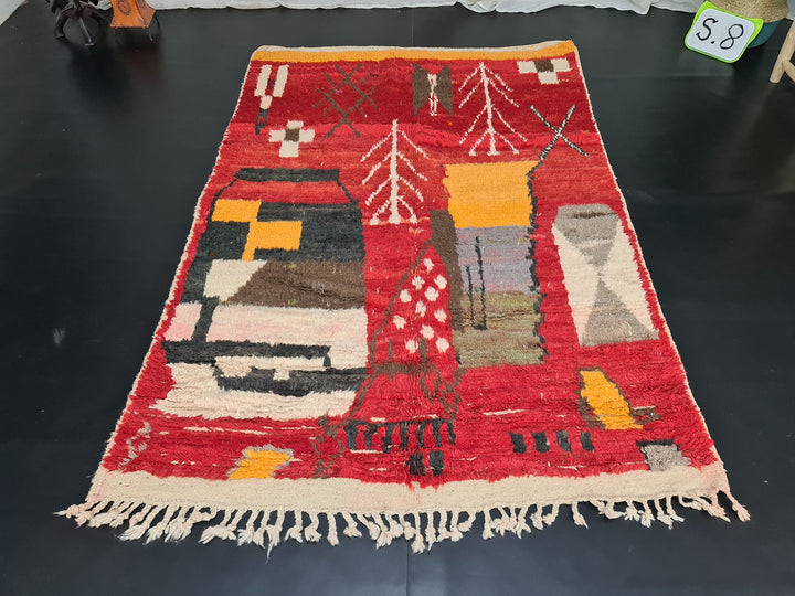 Fabulous Moroccan Rug, Abstract Boujaad Rug, Red and Yellow Rug, Sheep Wool Handmade Rug, Berber Symbols Rug, Bohemian Rug, Moroccan Rug