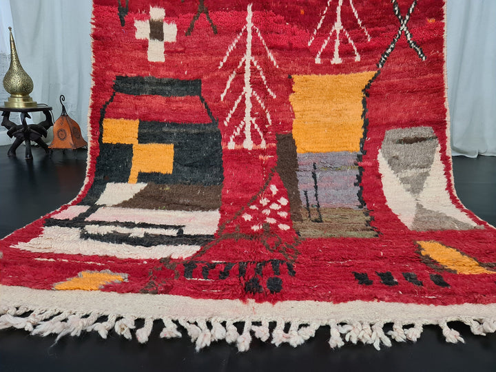 Fabulous Moroccan Rug, Abstract Boujaad Rug, Red and Yellow Rug, Sheep Wool Handmade Rug, Berber Symbols Rug, Bohemian Rug, Moroccan Rug