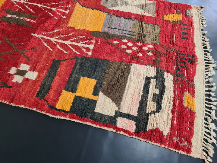 Fabulous Moroccan Rug, Abstract Boujaad Rug, Red and Yellow Rug, Sheep Wool Handmade Rug, Berber Symbols Rug, Bohemian Rug, Moroccan Rug