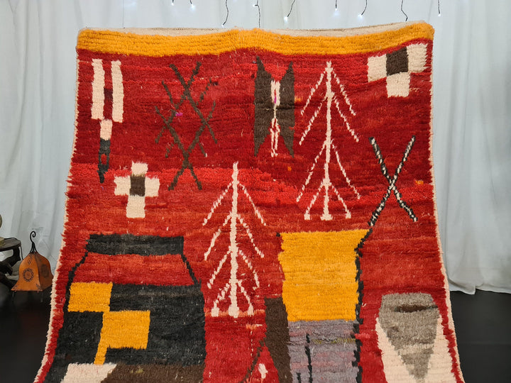 Fabulous Moroccan Rug, Abstract Boujaad Rug, Red and Yellow Rug, Sheep Wool Handmade Rug, Berber Symbols Rug, Bohemian Rug, Moroccan Rug