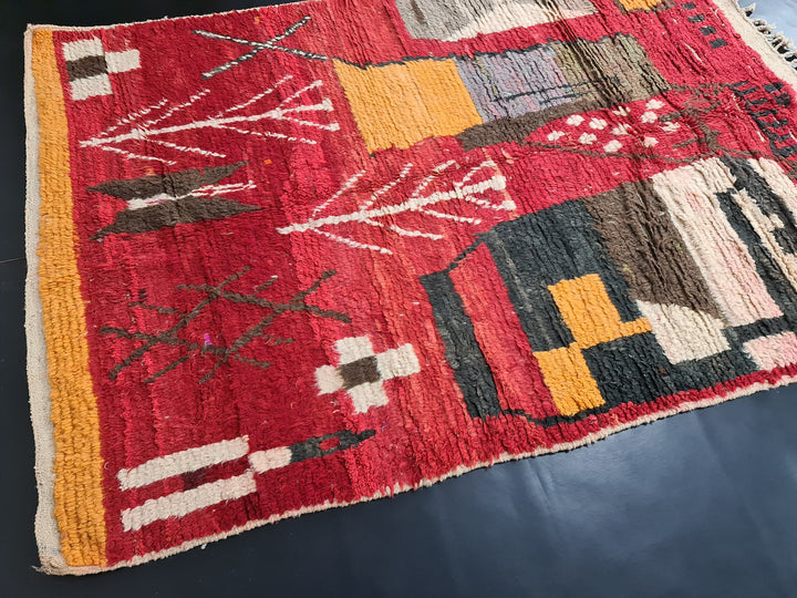 Fabulous Moroccan Rug, Abstract Boujaad Rug, Red and Yellow Rug, Sheep Wool Handmade Rug, Berber Symbols Rug, Bohemian Rug, Moroccan Rug