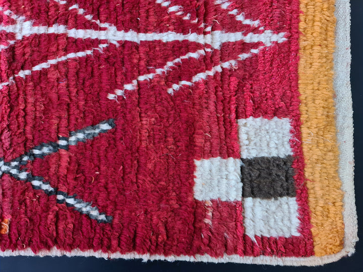 Fabulous Moroccan Rug, Abstract Boujaad Rug, Red and Yellow Rug, Sheep Wool Handmade Rug, Berber Symbols Rug, Bohemian Rug, Moroccan Rug