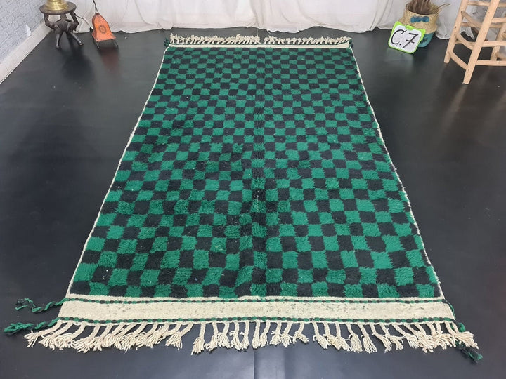 GREEN BENIOURAIN RUG, Moroccan Handmade Carpet, Green  Black Rug, Berber Wool Rug, Checkered Rug, Area Rug, Checkerboard Rug, Bohemian Rug