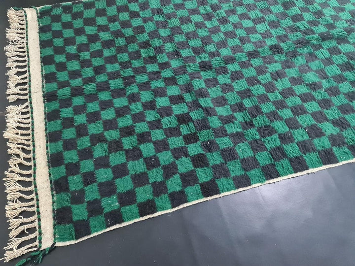 GREEN BENIOURAIN RUG, Moroccan Handmade Carpet, Green  Black Rug, Berber Wool Rug, Checkered Rug, Area Rug, Checkerboard Rug, Bohemian Rug