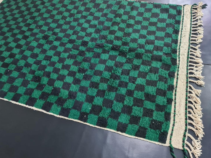 GREEN BENIOURAIN RUG, Moroccan Handmade Carpet, Green  Black Rug, Berber Wool Rug, Checkered Rug, Area Rug, Checkerboard Rug, Bohemian Rug