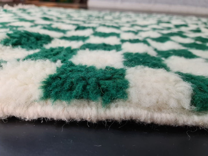 MOROCCAN HANDMADE RUG, Beni Ourain White  Green Rug, Handmade Wool Rug, Checkered Rug, Moroccan Berber Rug, Handwoven Rug, Area Wool Rug