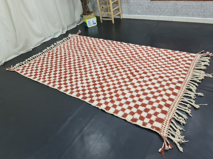 Beni Ourain Rug  Tribal Area Rug  White and Brown Rug Moroccan Woven Rug  Beni Ourain Rug  Living Room Decor  Checkered Carpet.