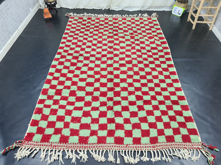 Vibrant Beni Ourain Rug, Moroccan Handmade Carpet, Red and Green Rug, Sheep Wool Rug, Check Rug,Berber Rug, Checkered Rug, Tapis berbere