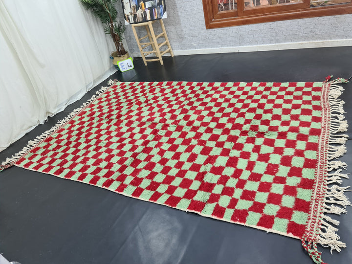 Vibrant Beni Ourain Rug, Moroccan Handmade Carpet, Red and Green Rug, Sheep Wool Rug, Check Rug,Berber Rug, Checkered Rug, Tapis berbere