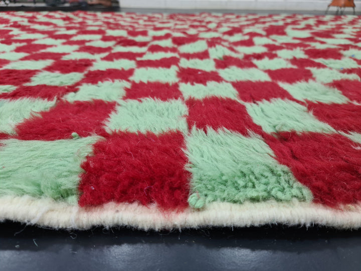 Vibrant Beni Ourain Rug, Moroccan Handmade Carpet, Red and Green Rug, Sheep Wool Rug, Check Rug,Berber Rug, Checkered Rug, Tapis berbere