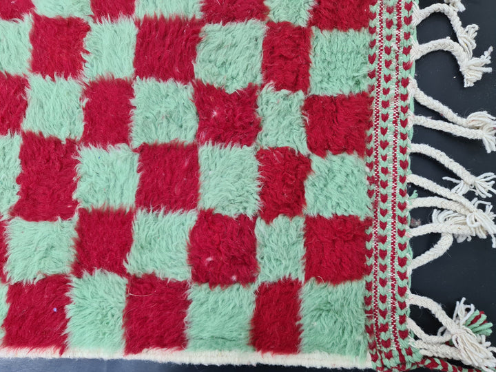 Vibrant Beni Ourain Rug, Moroccan Handmade Carpet, Red and Green Rug, Sheep Wool Rug, Check Rug,Berber Rug, Checkered Rug, Tapis berbere