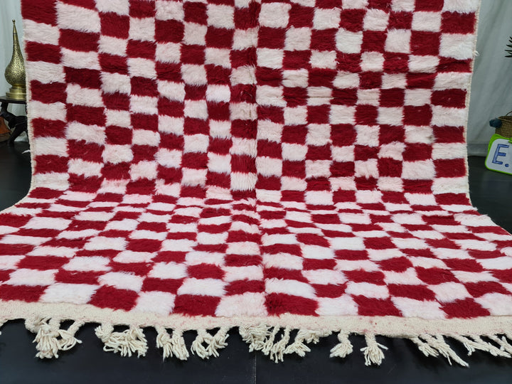 Gorgeous Beni Ourain Rug, Moroccan Handmade Rug, Check Rug, Sheep Wool Rug, White and Red Rug, Berber Rug, Checkered Rug, Tapis berbere