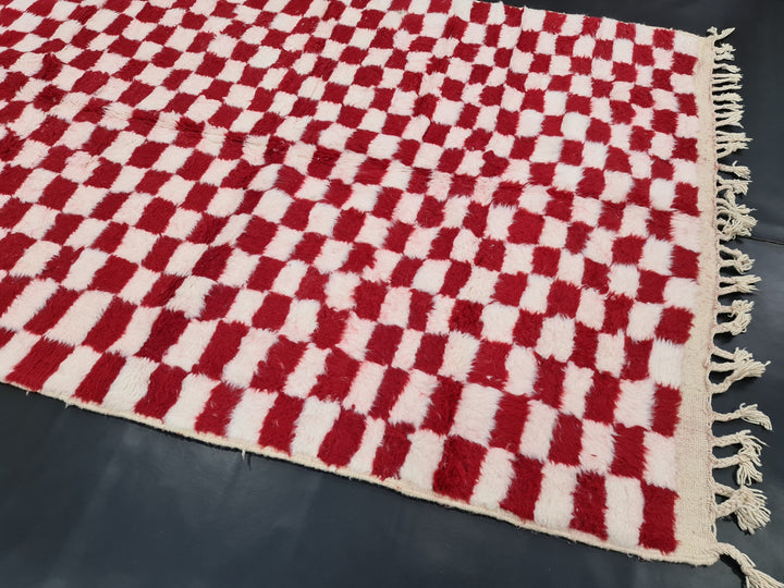 Gorgeous Beni Ourain Rug, Moroccan Handmade Rug, Check Rug, Sheep Wool Rug, White and Red Rug, Berber Rug, Checkered Rug, Tapis berbere