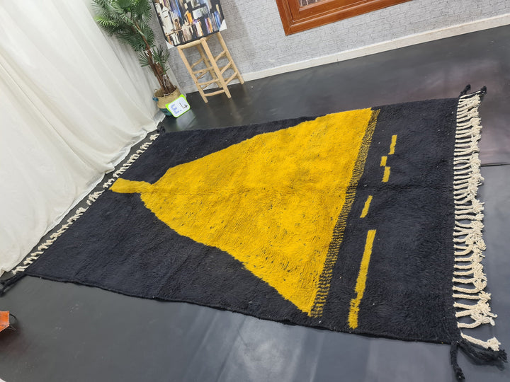 MOROCCAN HANDMADE RUG, Black and Mustard Beni Ourain Rug, Abstract Mustard Rug, Berber Rug, Handwoven Rug, Area Wool Rug, Bohemian Carpet